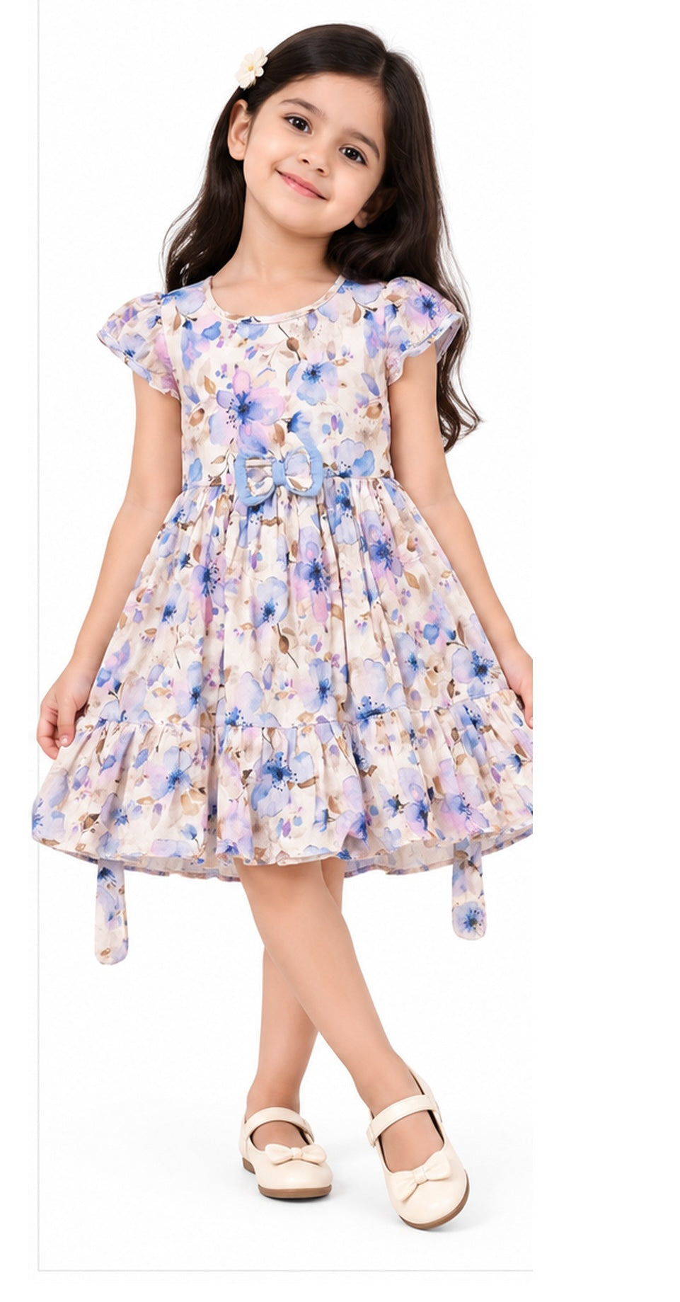 Girls blue and pink floral cotton frock with bow