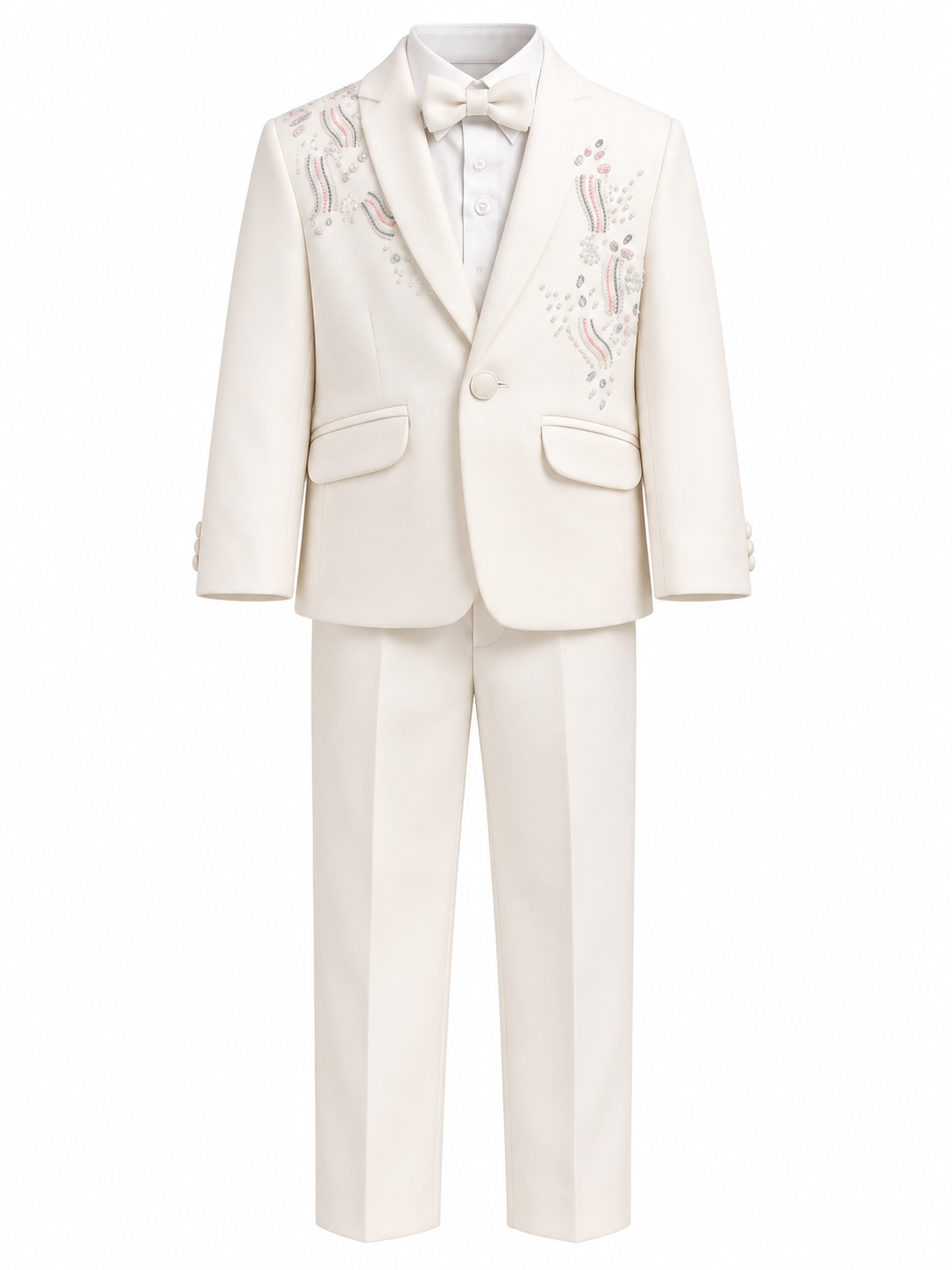 Boys Cream Embroidered Coat Suit with Bow Tie