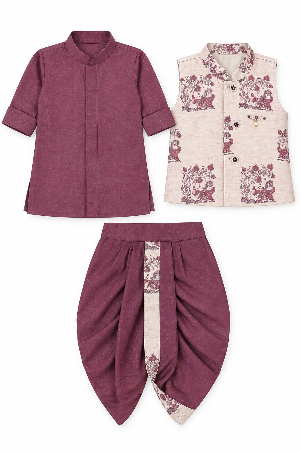 Boys Purple Kurta, Dhoti and Printed Jacket Set (Shoes Not Included)