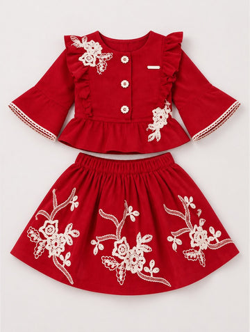 Girls Red Floral Lace Peplum Top and Skirt Set