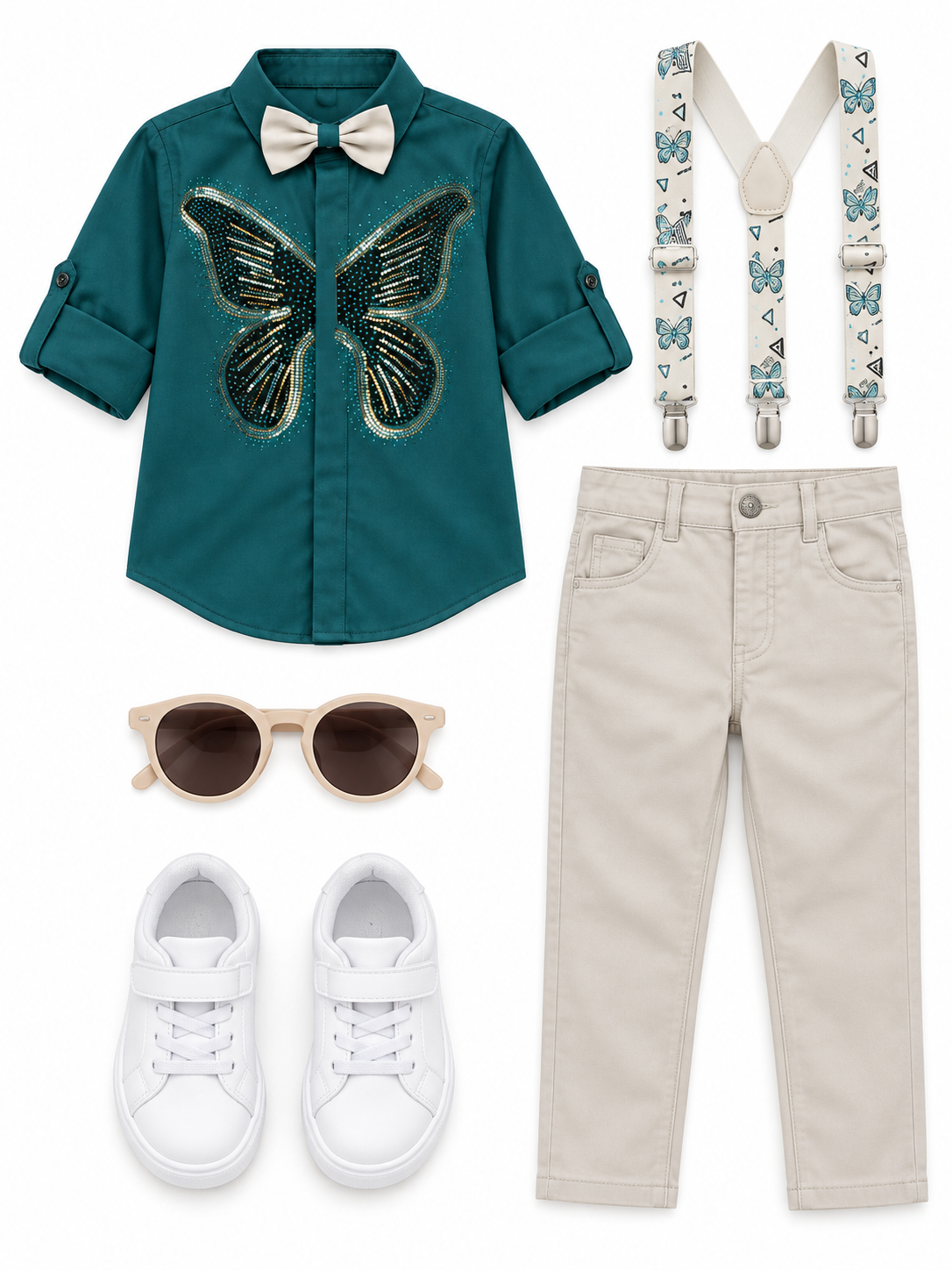 Boys Green Butterfly Sequin Shirt, Suspenders and Chinos Set