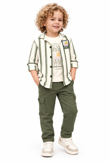 Boys Green Striped Overshirt, Graphic T-shirt and Cargo Pants Set (Shoes Not Included)