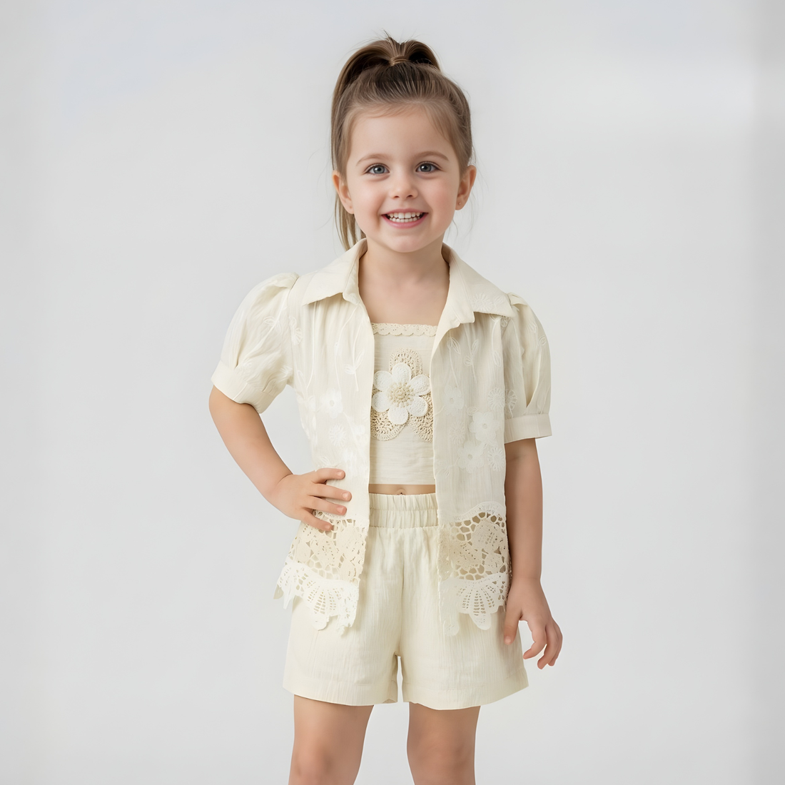Fawn Cotton Embroidered Short Set For Girls