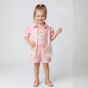 Pink Cotton Embroidered Short Set For Girls