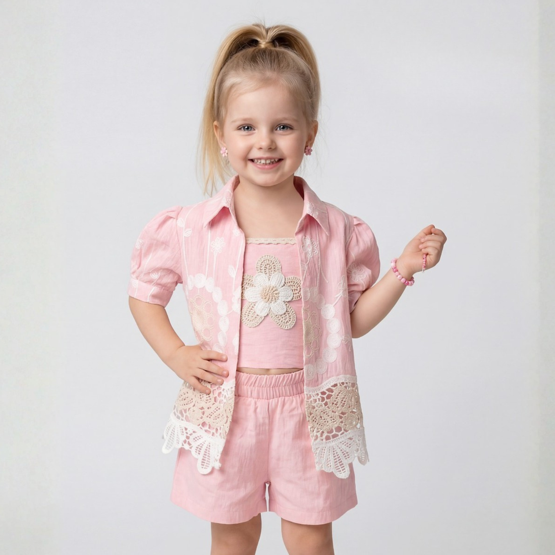 Pink Cotton Embroidered Short Set For Girls