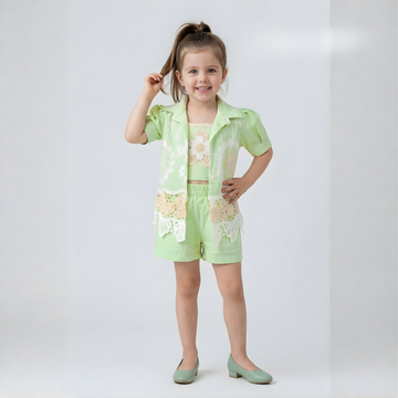 Green Cotton Embroidered Short Set For Girls
