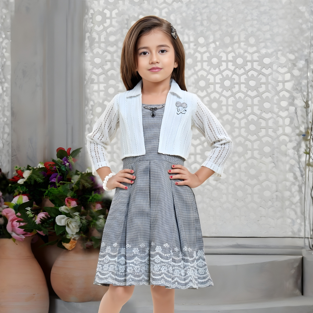 Black With Floral Embroidery And Lace Shrug For Girls