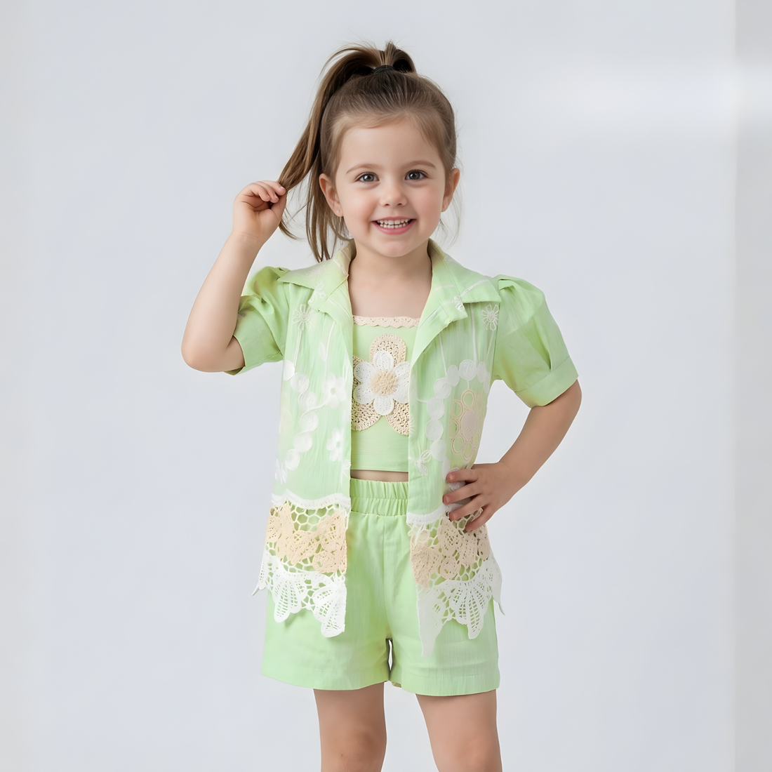 Green Cotton Embroidered Short Set For Girls