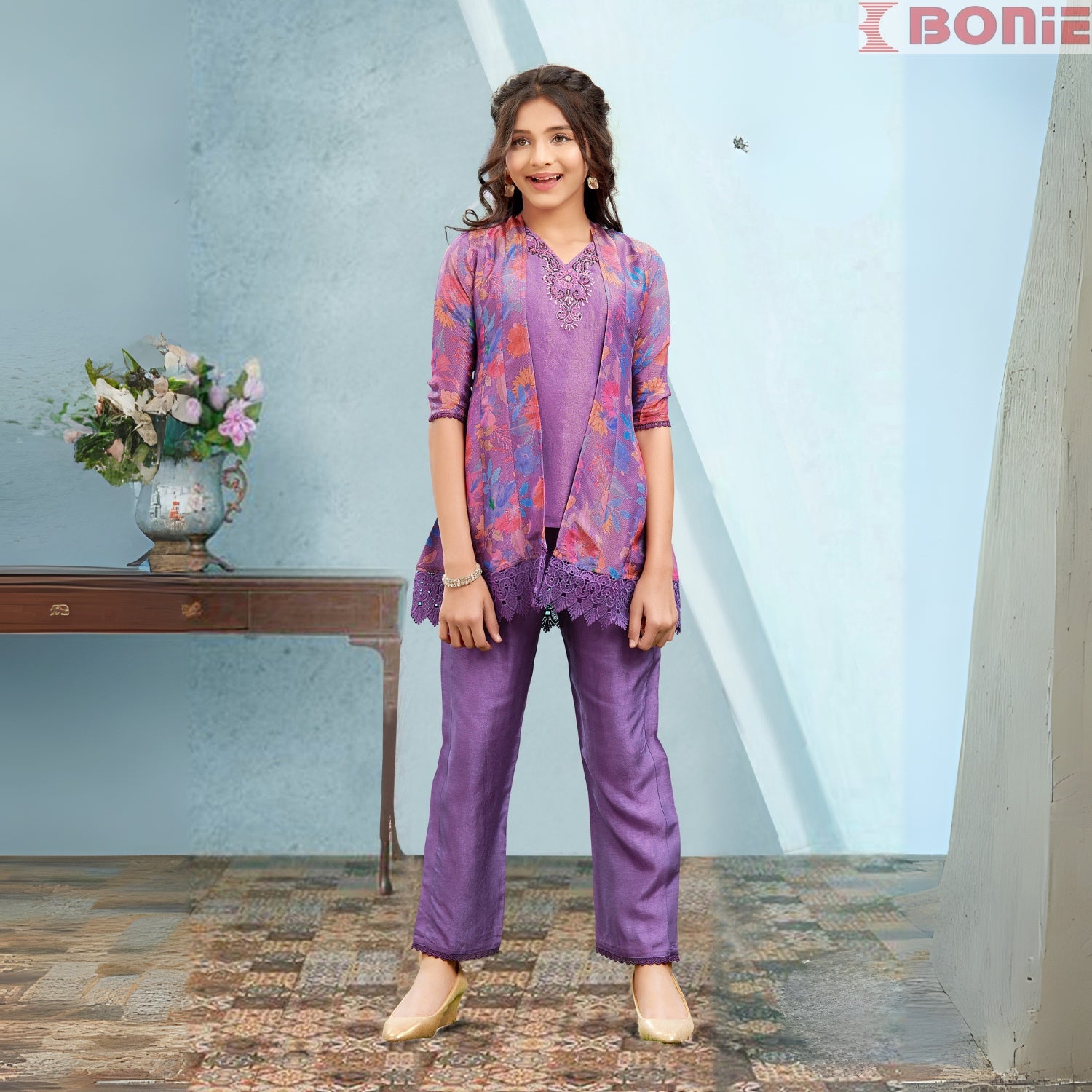 Purple georgette jacket stlyle co-ord set