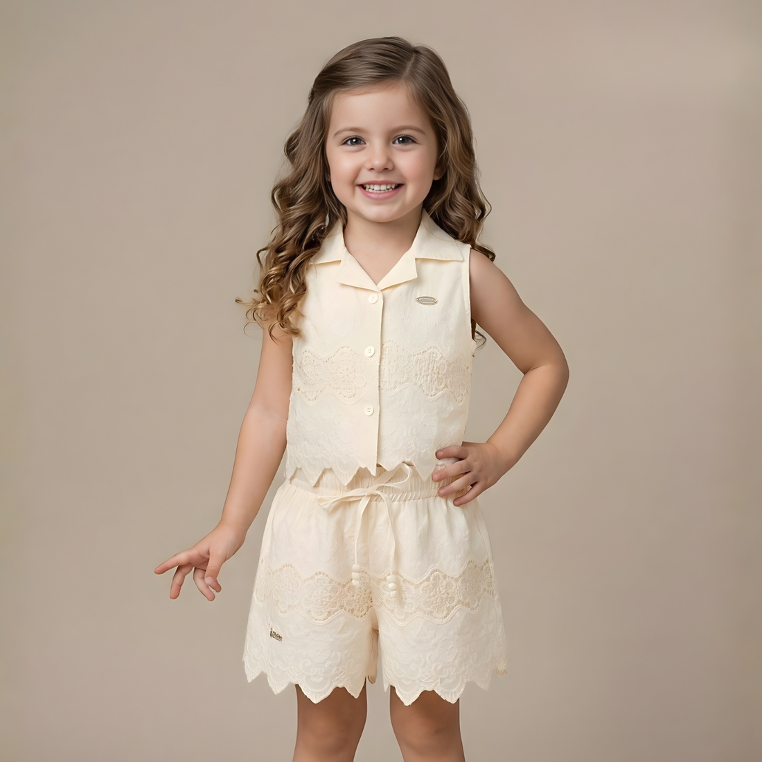 Girl Stylish Cream Shorts Set