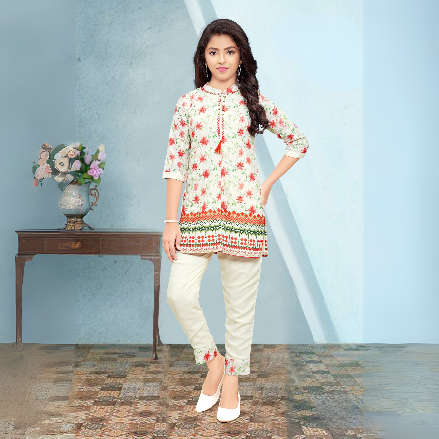 Cream Floral Printed Straight Tunic Set