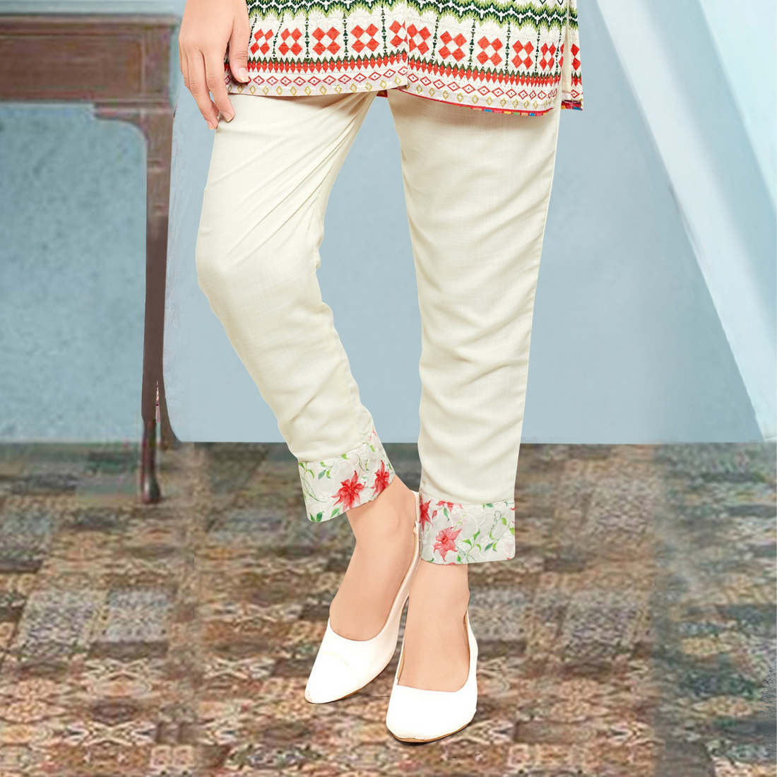 Cream Floral Printed Straight Tunic Set