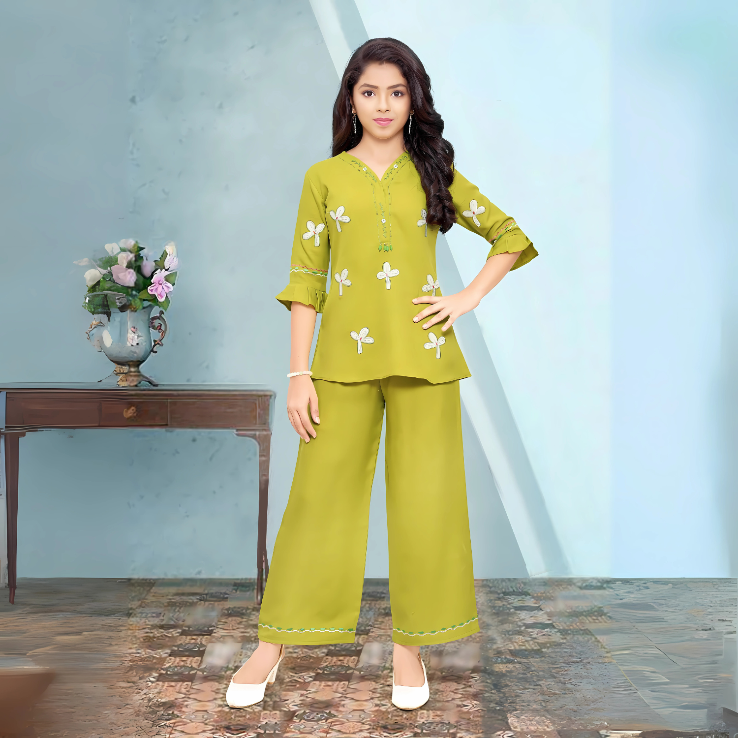 Girls Solid Green Flower Embroidery Co-Ord Set