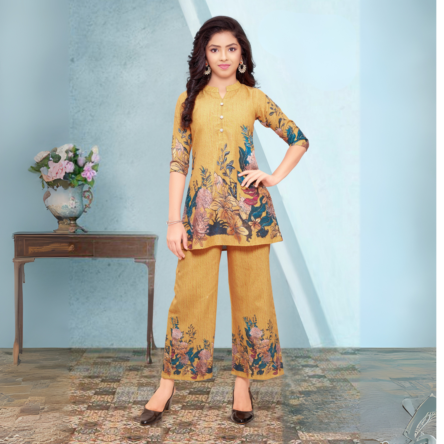 Mustard yellow printed crepe kurti set