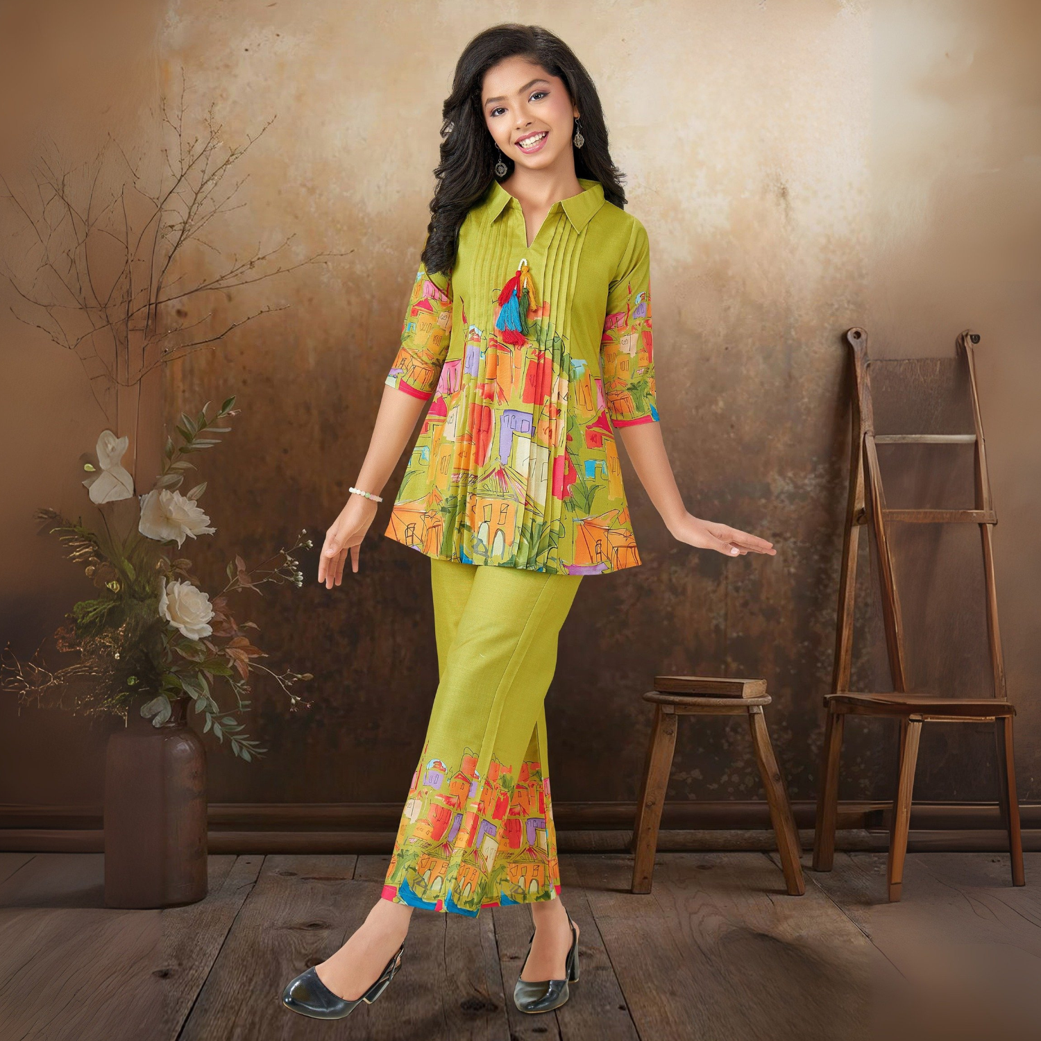 Parrot Green Multicolor Digital Print Co-Ord Set For Girls