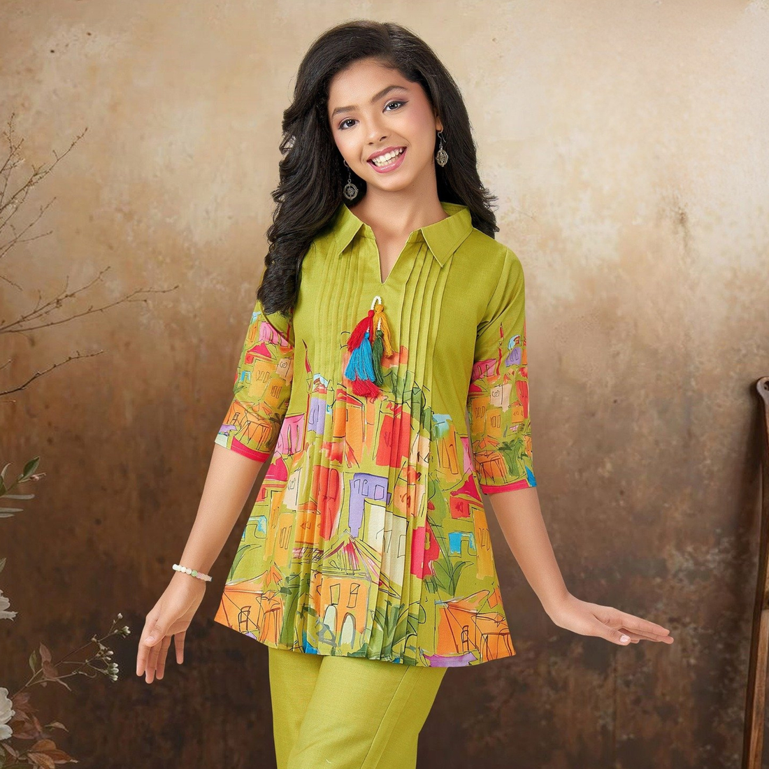 Parrot Green Multicolor Digital Print Co-Ord Set For Girls