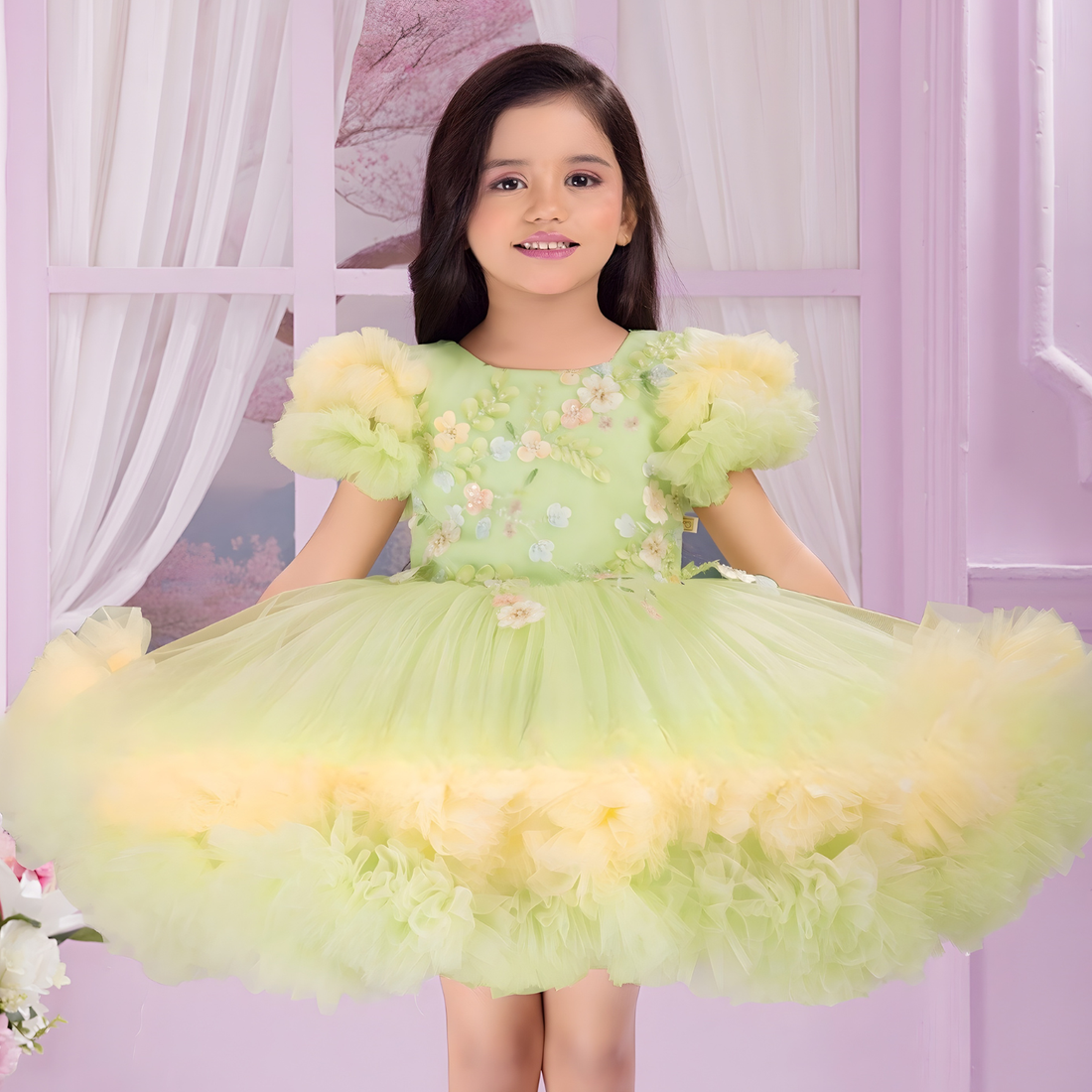 Green Glitter Party Frock For Girls