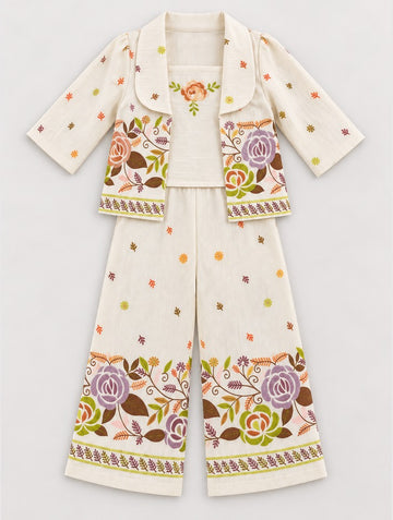 Girls Cream Floral Jacket and Wide-Leg Pants Set
