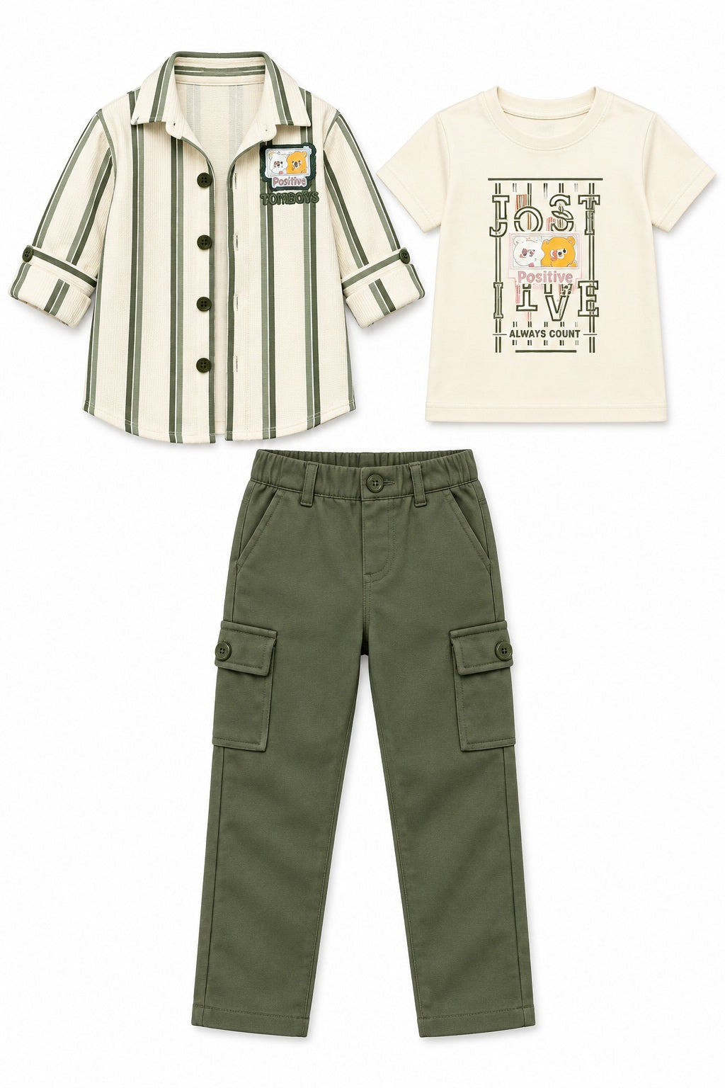 Boys Green Striped Overshirt, Graphic T-shirt and Cargo Pants Set (Shoes Not Included)