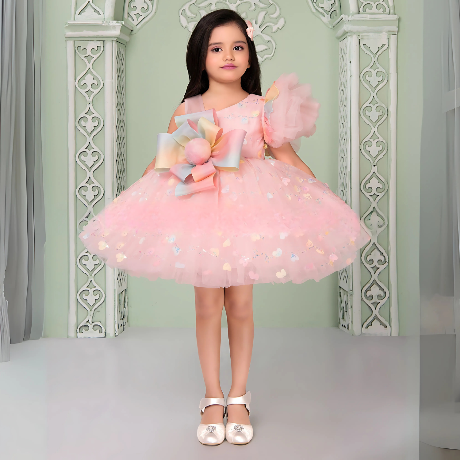 Shimmer Organza Frock With Bow Embellishment For Girls