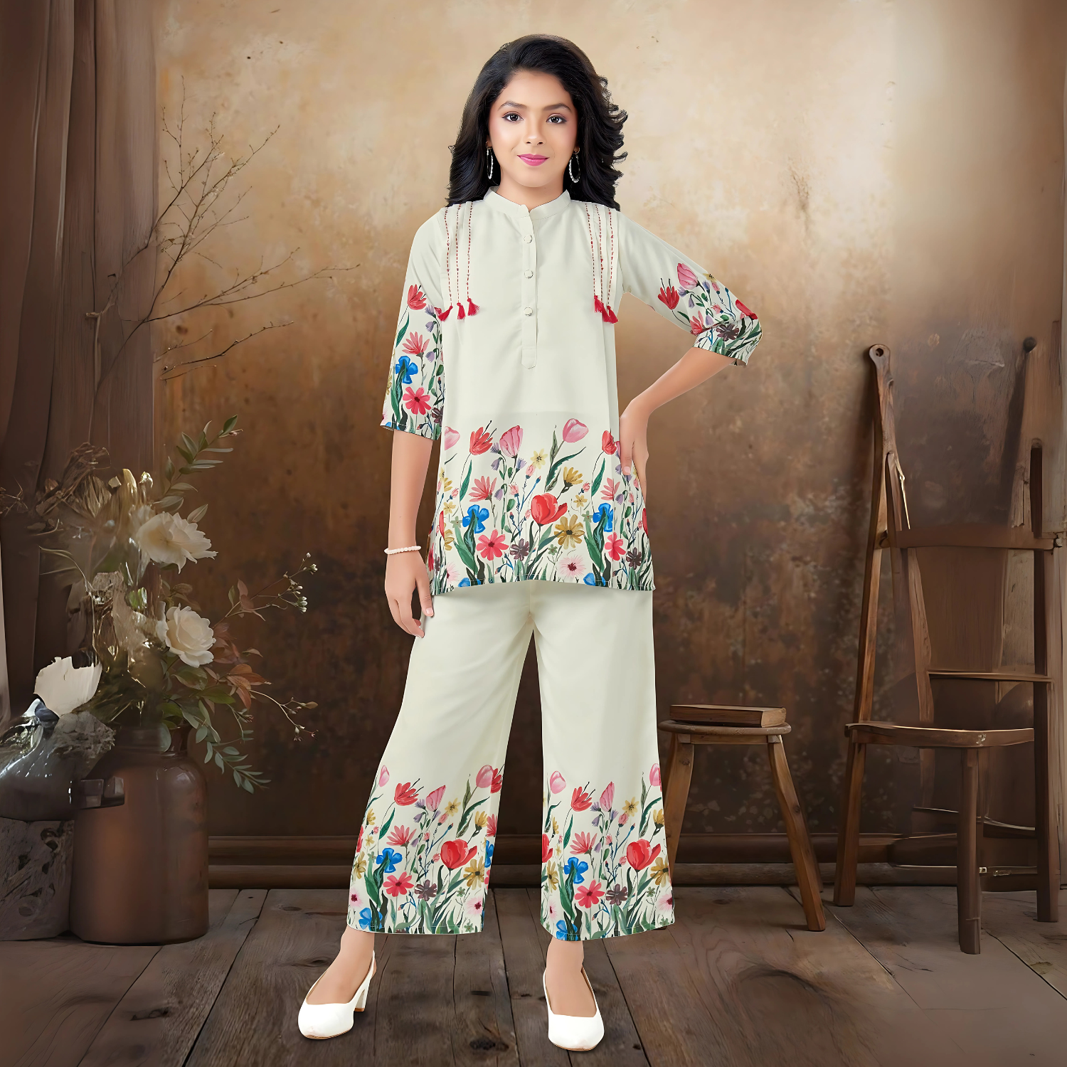 Stylish Cream Co Ord Set With Floral Printed For Girls