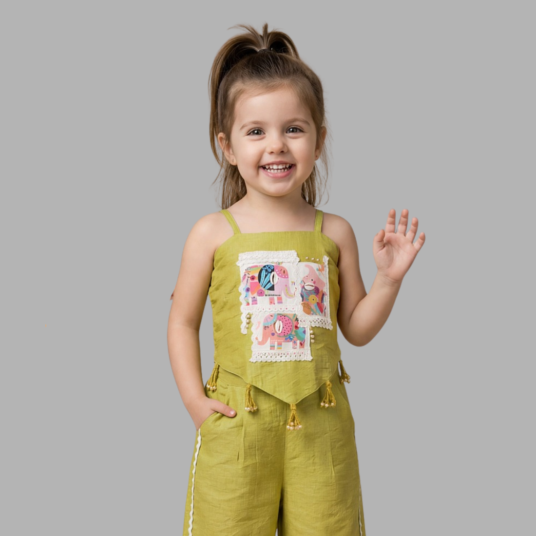 Green Cotton Silk Patch Work Palazzo Set