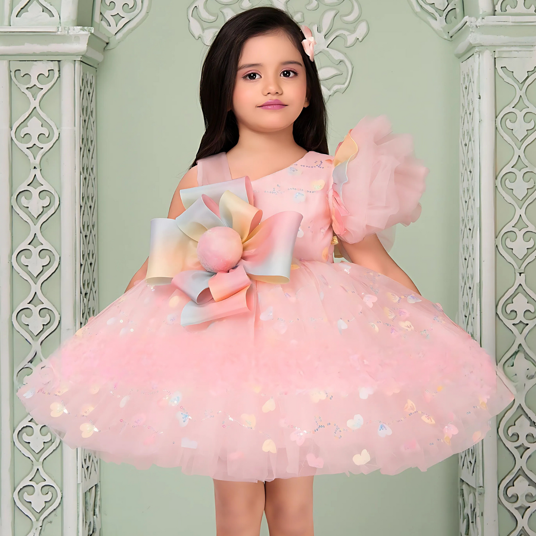 Shimmer Organza Frock With Bow Embellishment For Girls