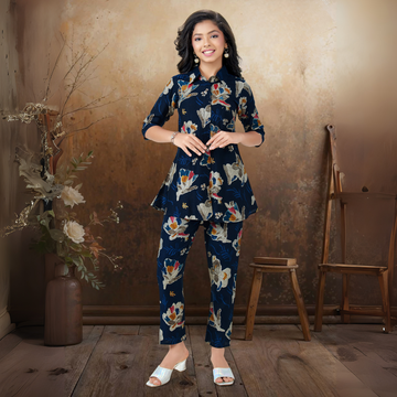 Blue Printed Silk Tunic Set With Printed