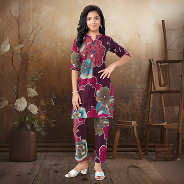 Maroon Printed Pussian Silk kurti Set