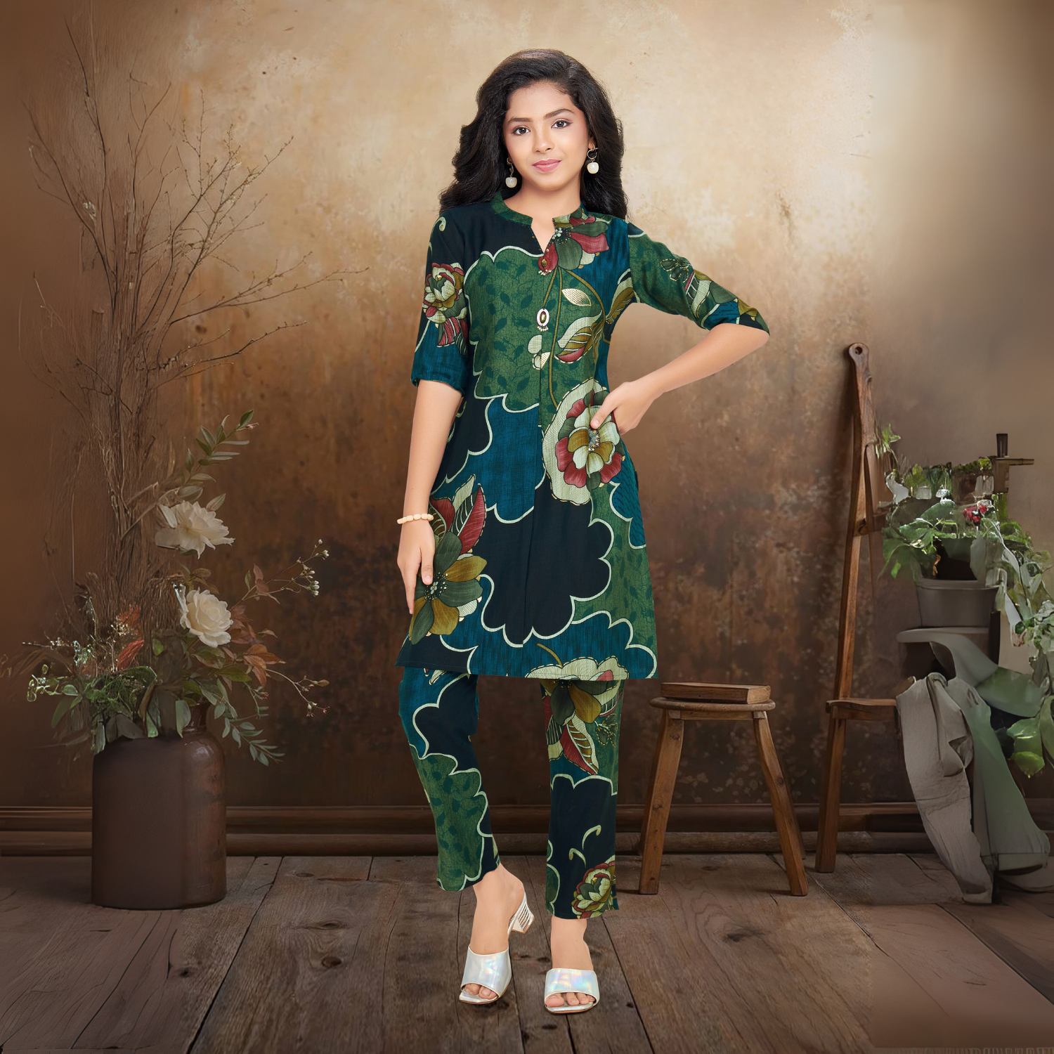 Blue Printed Russian Silk kurti Set