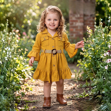 Mustard Textured Cotton Frock With Waistbelt