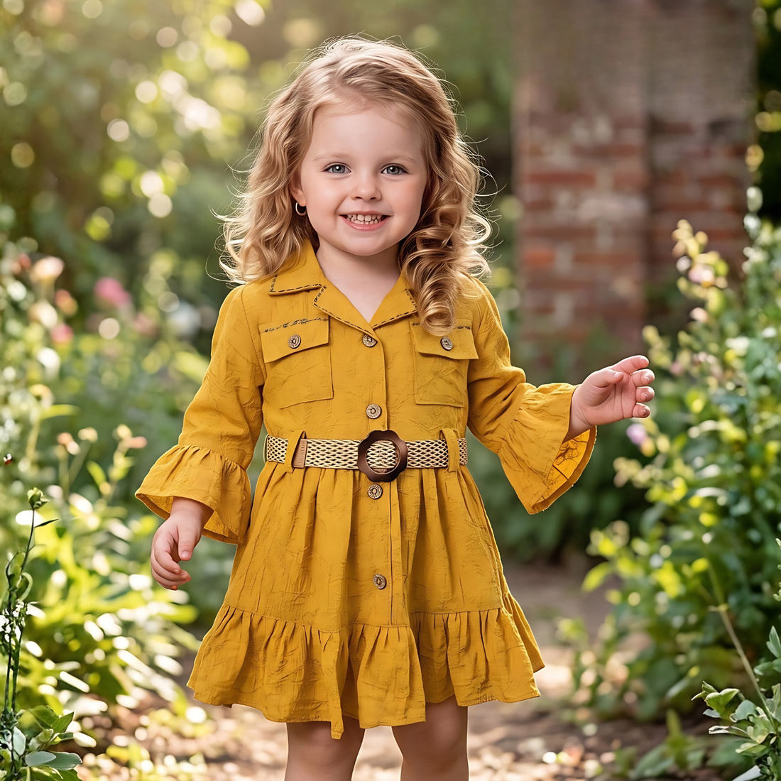 Mustard Textured Cotton Frock With Waistbelt