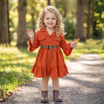 Rust Textured Cotton Frock With Waistbelt
