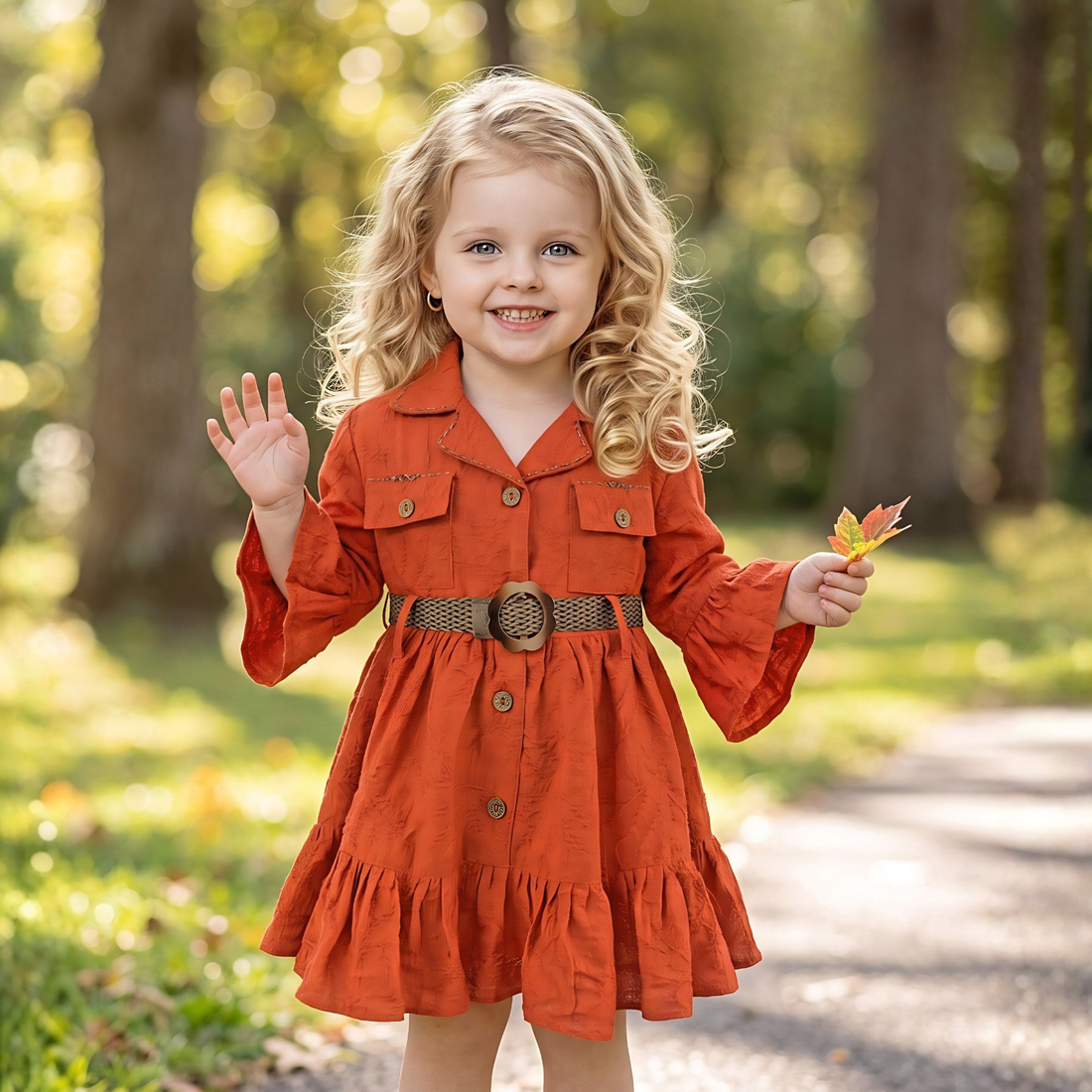 Rust Textured Cotton Frock With Waistbelt