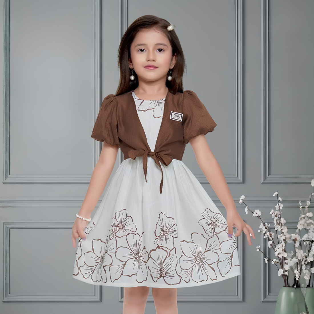 Brown Jacket Stylish Short Frock For Girls