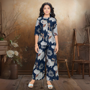 Blue Printed Silk Tunic Set With Printed