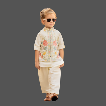 Cream Embroidered Kurta Set with Nehru Jacket For Boys