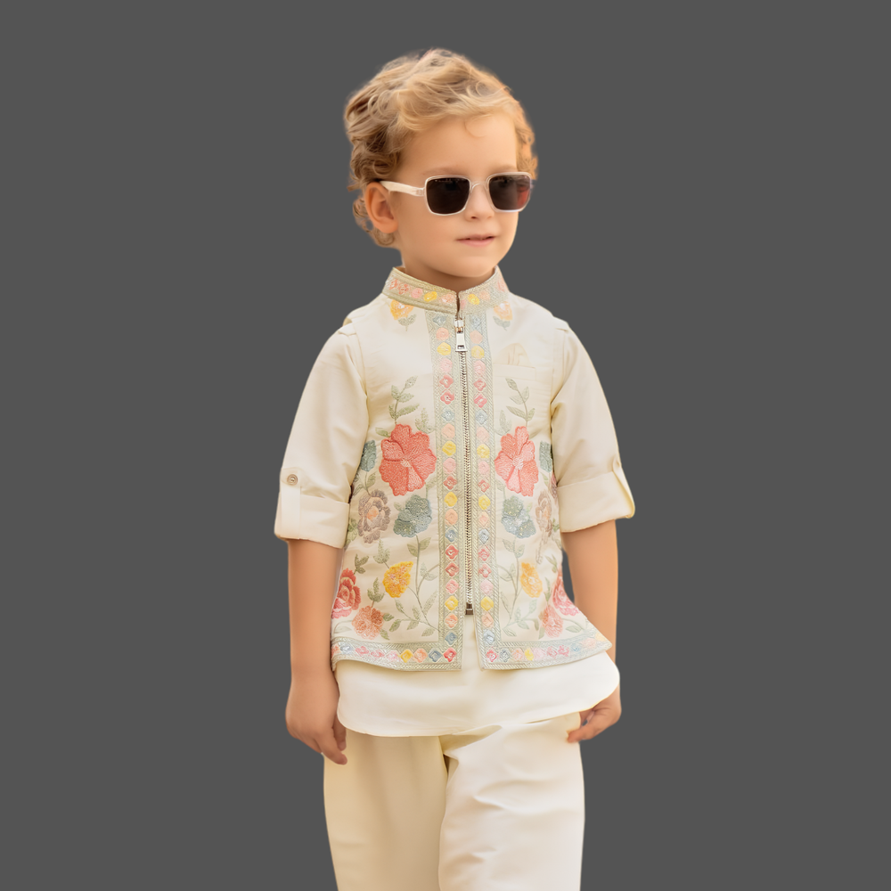 Cream Embroidered Kurta Set with Nehru Jacket For Boys