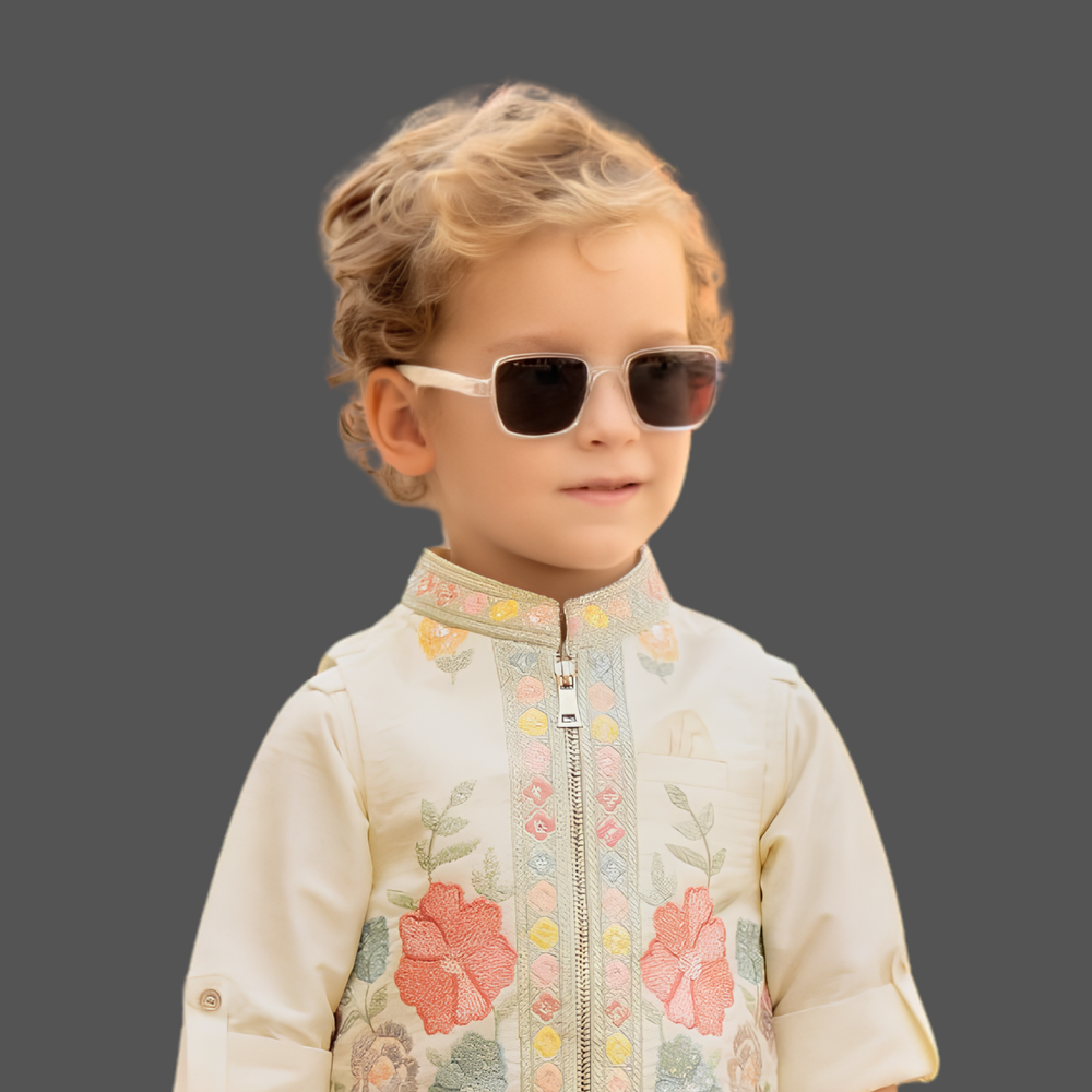 Cream Embroidered Kurta Set with Nehru Jacket For Boys