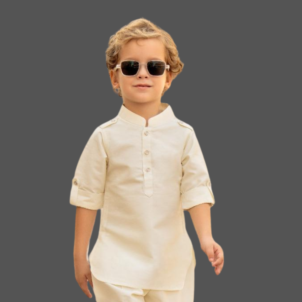 Cream Embroidered Kurta Set with Nehru Jacket For Boys