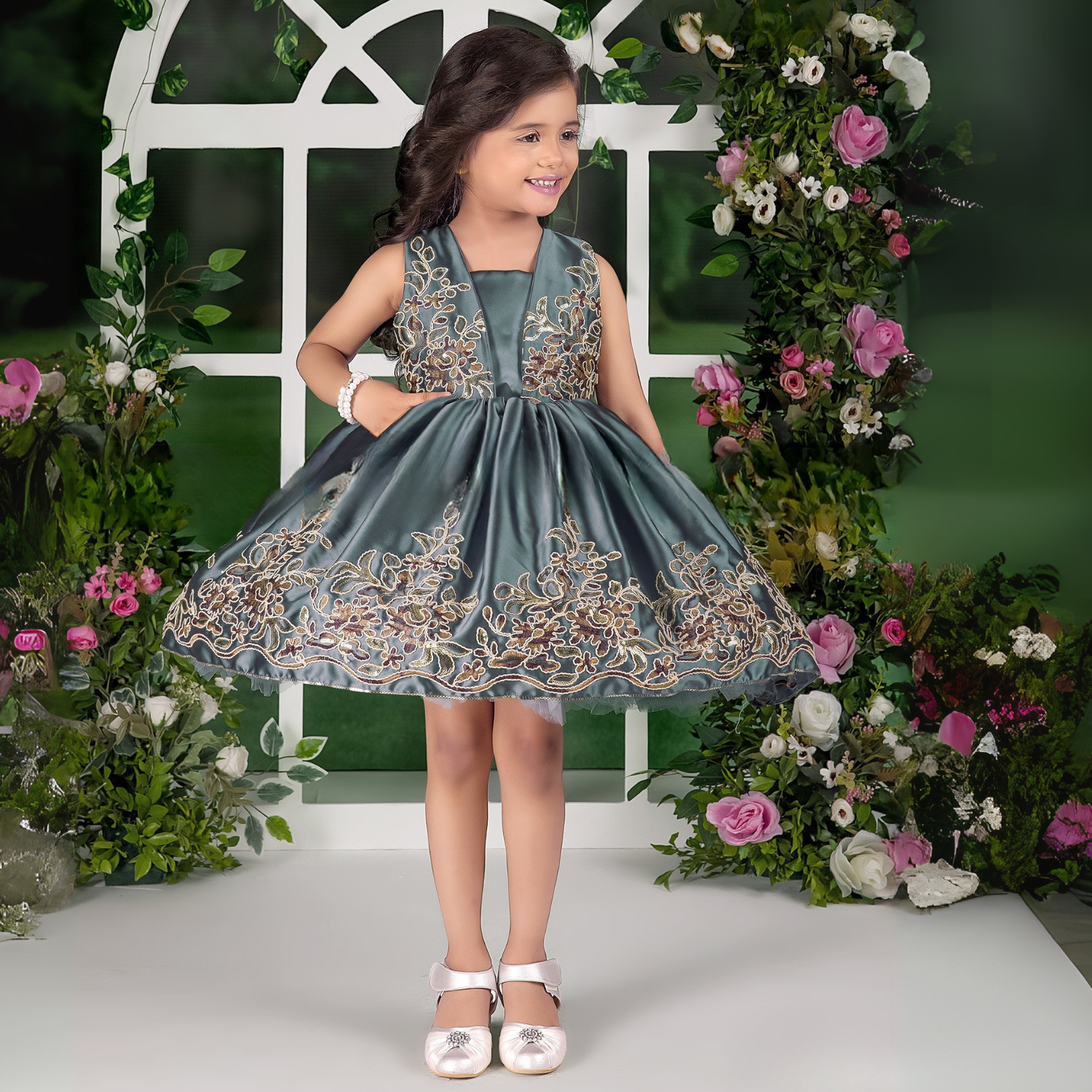 Girls Grey Embroidery Short Partywear Frock