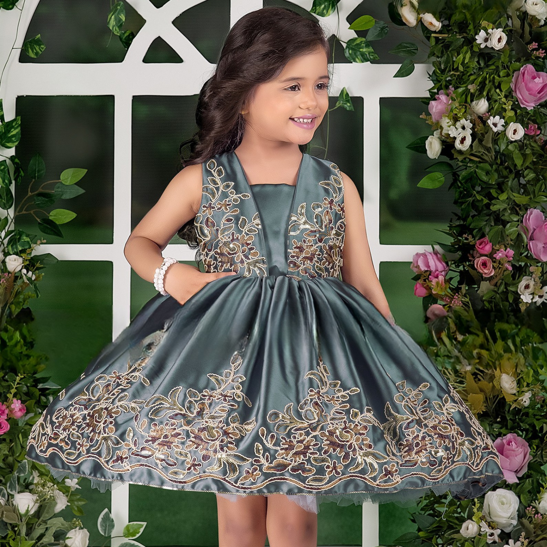 Girls Grey Embroidery Short Partywear Frock
