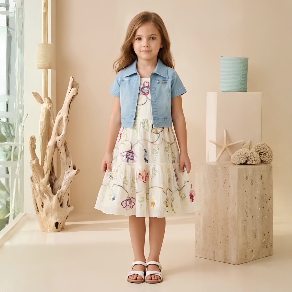 Cream Floral Printed Frock With Denim Overcoat For Girls