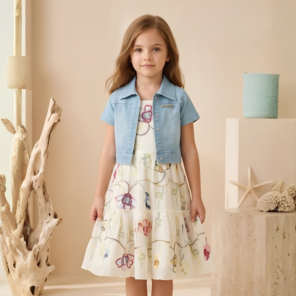 Cream Floral Printed Frock With Denim Overcoat For Girls