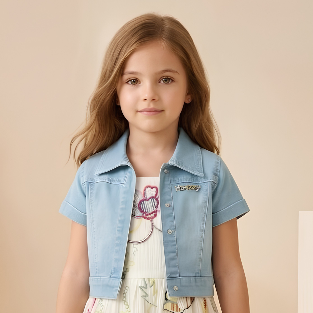 Cream Floral Printed Frock With Denim Overcoat For Girls
