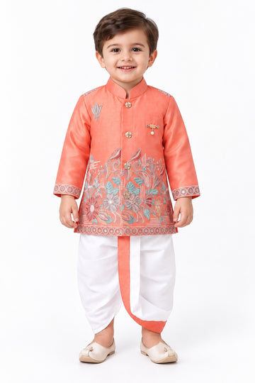 Boys Orange Patterned Kurta and Dhoti Set (Shoes Not Included)