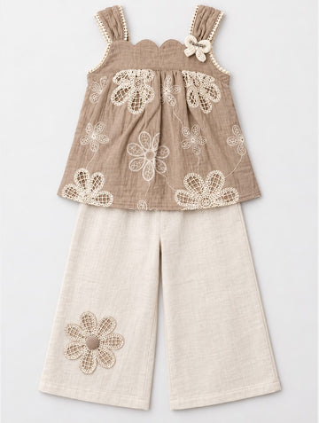 Girls Brown Floral Lace Top and Cream Palazzo Pants Set