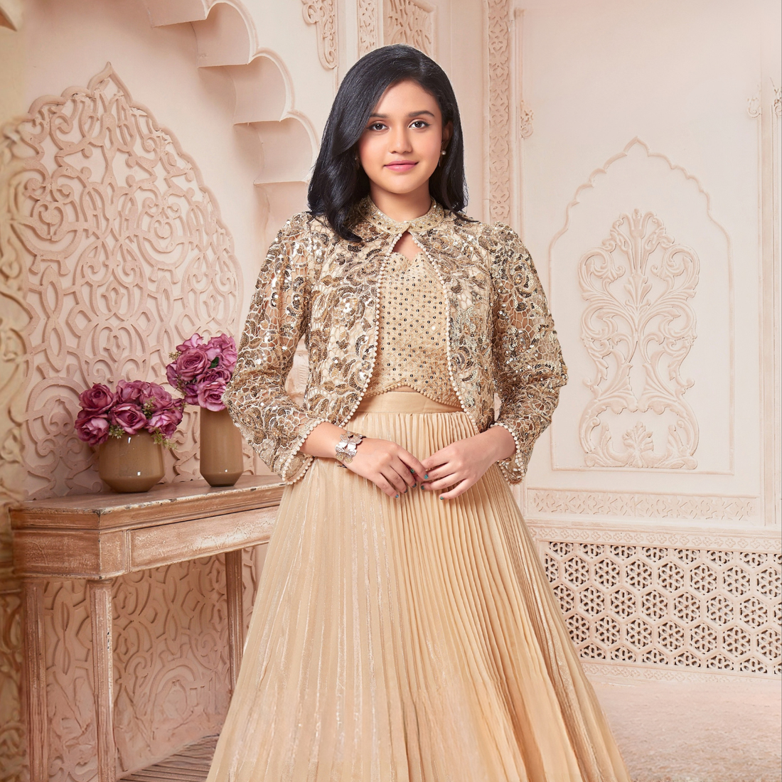 Cream Chiffon Silk Lehenga Choli With Sequins Embellished Jacket