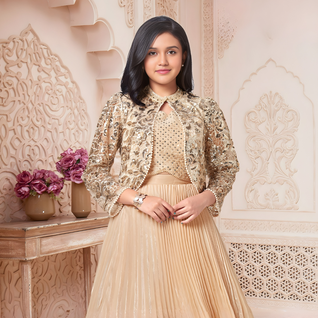 Fawn Crepe Silk Lehenga Choli With Jacket