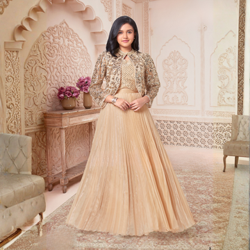 Cream Chiffon Silk Lehenga Choli With Sequins Embellished Jacket